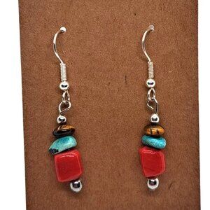 Stacked stone earrings tiger eye turquoise coral silver tone